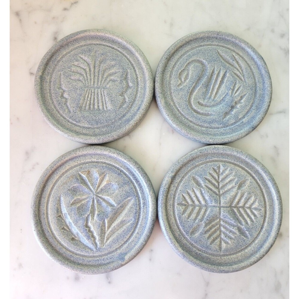 Pigeon Forge Set of 4 Pottery Old Buttermold Print Blue Coasters Ashtrays 3.5"